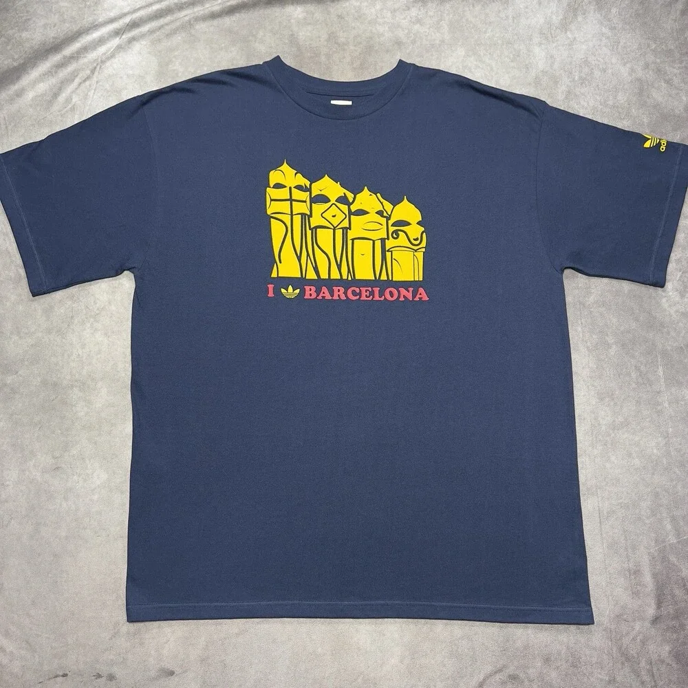 VTG Adidas T-Shirt Men XL Navy I Love Barcelona Gaudi Trefoil Y2K City Flocked